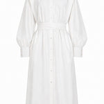 White May dress by Aymone Studio featuring voluminous sleeves, high collar, handcrafted piping, and full-length button placket, embodying refined minimalist luxury