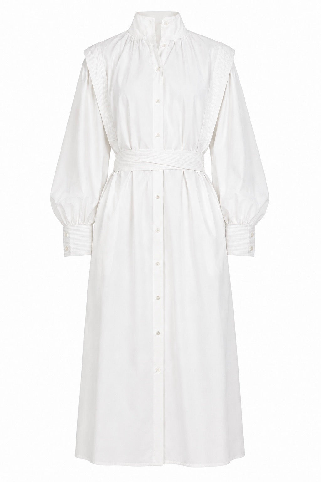 White May dress by Aymone Studio featuring voluminous sleeves, high collar, handcrafted piping, and full-length button placket, embodying refined minimalist luxury