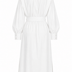 White linen May dress with voluminous sleeves, high collar, and sculptural silhouette by Aymone Studio luxury fashion brand