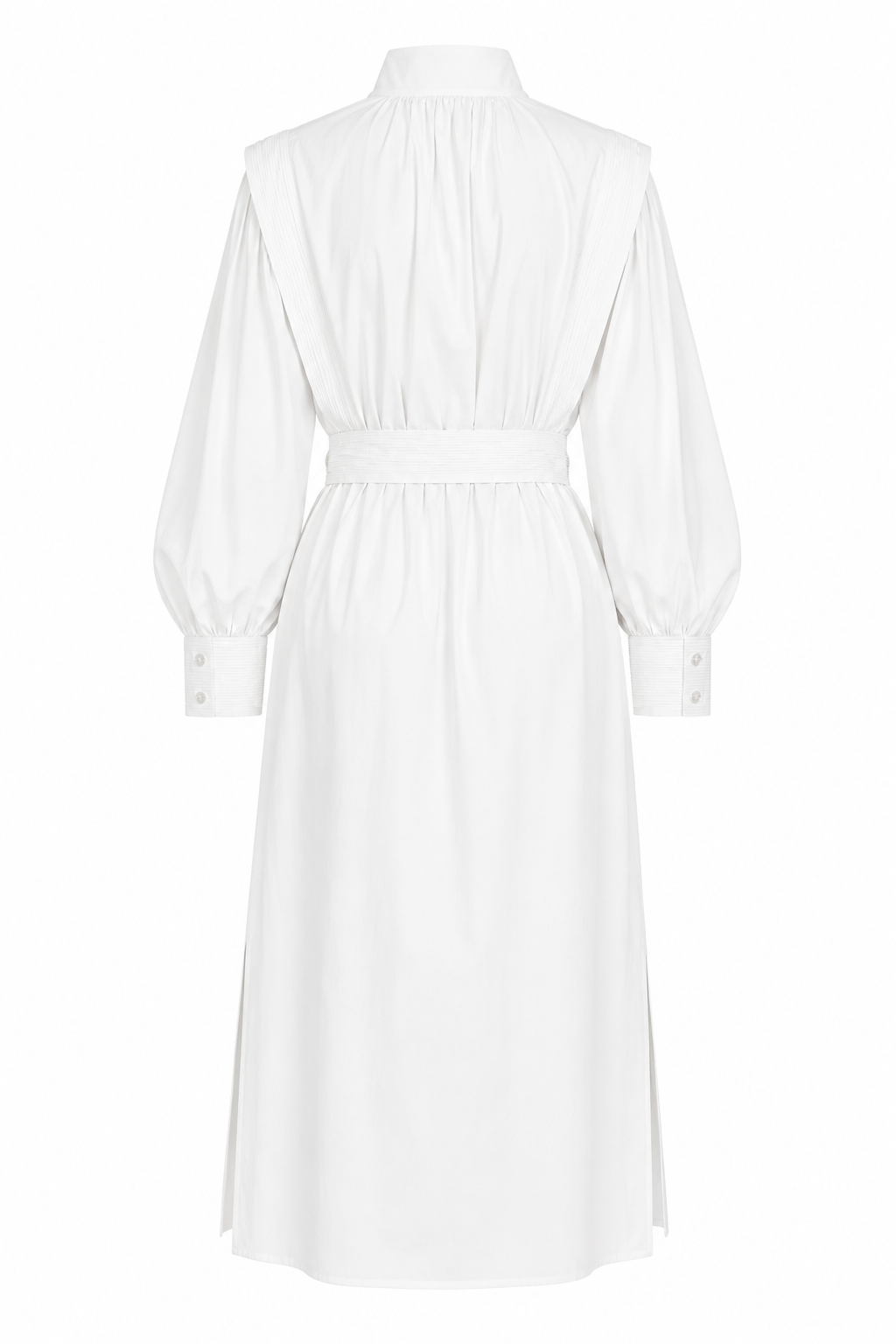 White linen May dress with voluminous sleeves, high collar, and sculptural silhouette by Aymone Studio luxury fashion brand