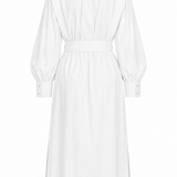 White linen May dress with voluminous sleeves, high collar, and sculptural silhouette by Aymone Studio luxury fashion brand