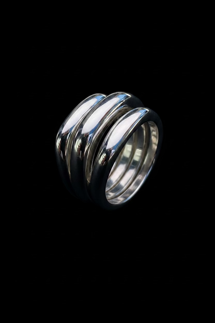 Triple Pipping Ring, sculptural sterling silver statement piece with three rounded bands, handcrafted luxury jewelry by Aymone Studio