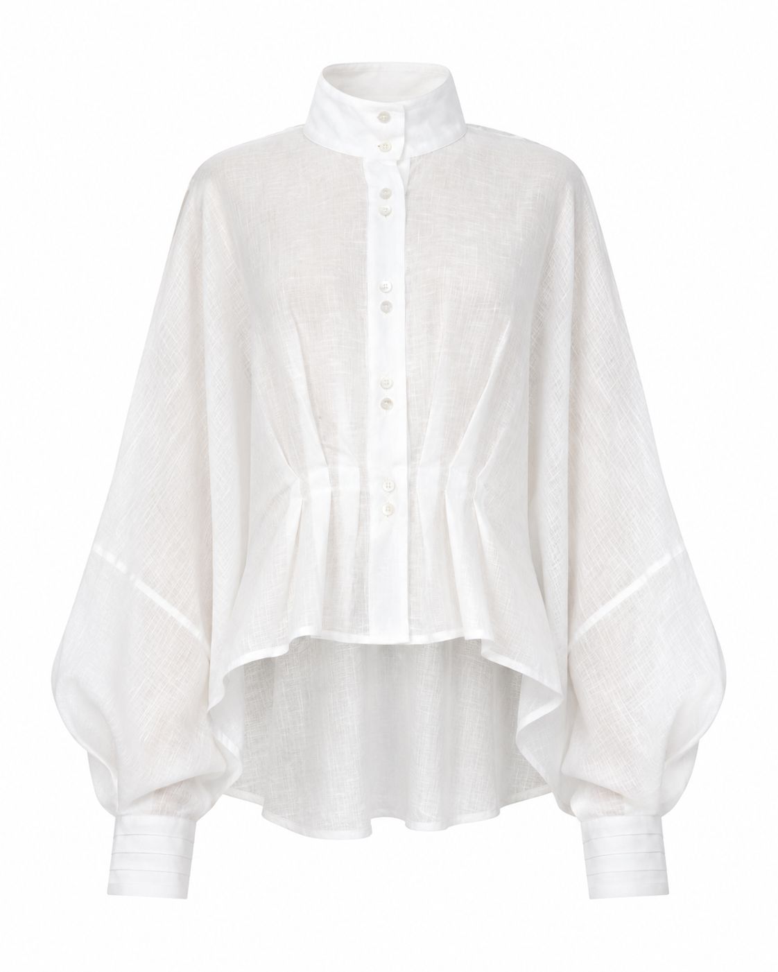 Cate white linen shirt with sculptural pleats, structured collar, and fluid oversized silhouette by Aymone Studio