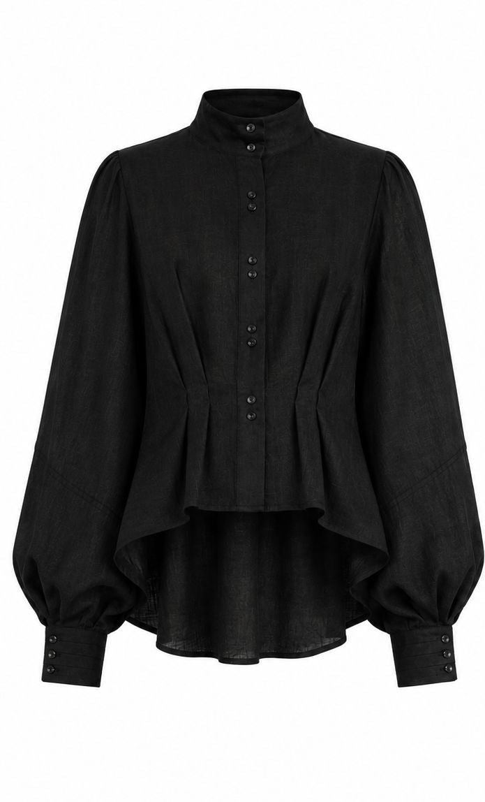 Black linen shirt with sculptural puffed sleeves and button front closure by Aymone Studio