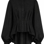 Black linen shirt with sculptural puffed sleeves and button front closure by Aymone Studio