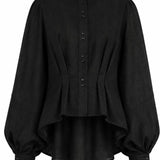 Black linen shirt with sculptural puffed sleeves and button front closure by Aymone Studio