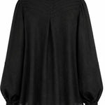 Black linen Cate shirt with sculptural pleated back, voluminous sleeves, and handmade details by Aymone Studio