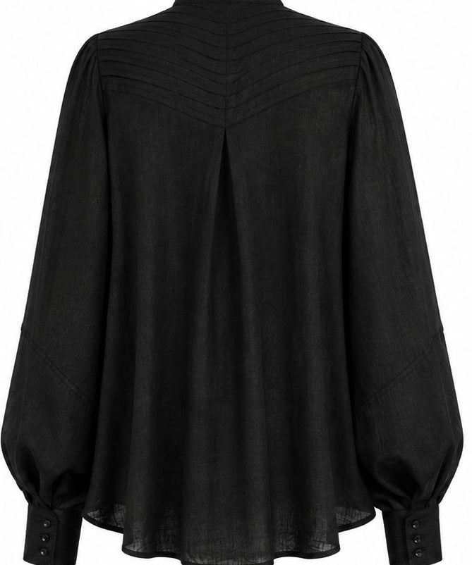 Black linen Cate shirt with sculptural pleated back, voluminous sleeves, and handmade details by Aymone Studio