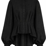 Black linen Cate shirt with sculptural volume, pleated details, and paired buttons by Aymone Studio