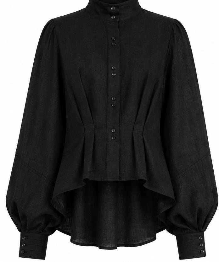 Black linen Cate shirt with sculptural volume, pleated details, and paired buttons by Aymone Studio